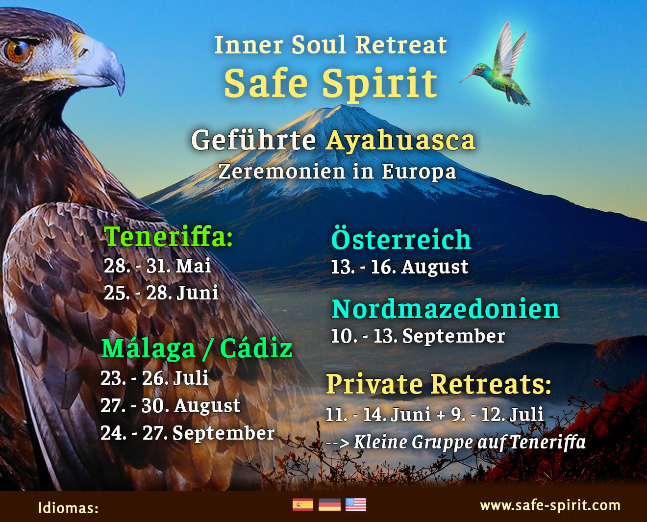 Termine 2026 für Safe Spirit Ayahuasca Retreats und geführte Zeremonien in Teneriffa, Málaga und Nordmazedonien.