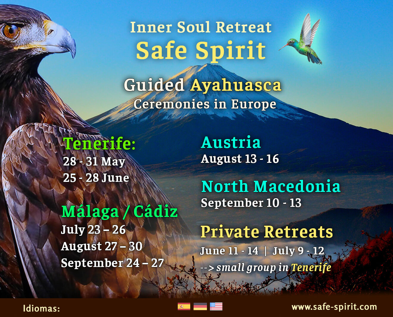 Safe Spirit Ayahuasca Retreat dates 2026 for Tenerife, Malaga, and North Macedonia; guided ceremonies in Europe.